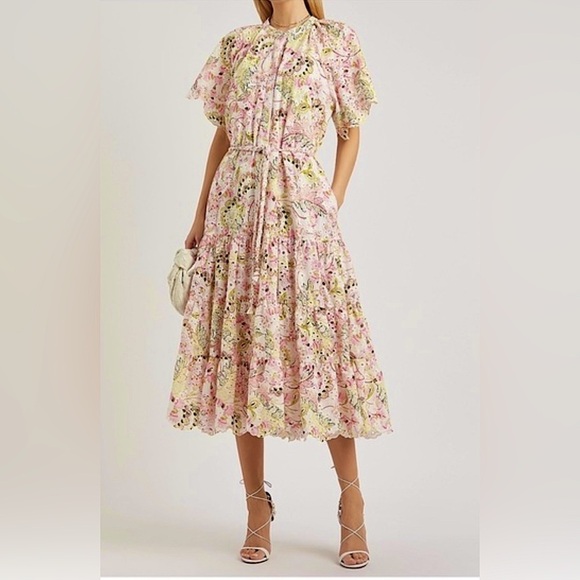 MISA Malena Los Angeles Floral Eyelet Embrodered Flutter Sleeve Midi Dress Sz S - Picture 1 of 12